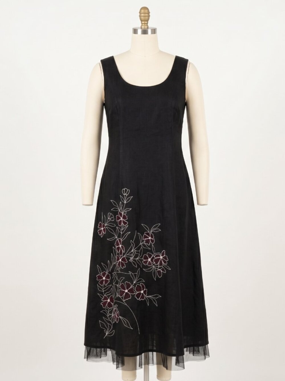 Nikki Valentine 100% Irish Linen Beaded Embroidered Floral Midi Dress 14 Black